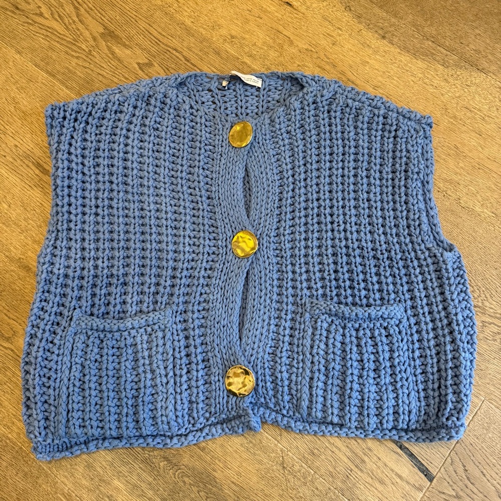Zara Light Blue Knit Top with Gold button Accents